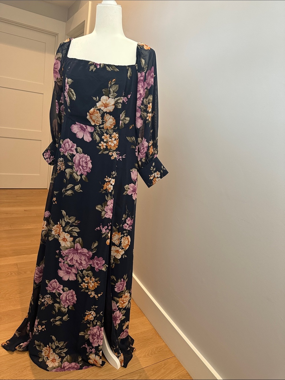Black Floral Square-Neck Maxi Dress